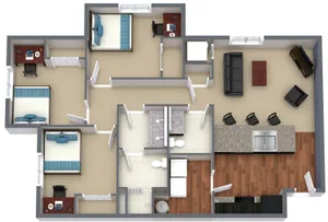 Modern 3D floor plan with three cozy bedrooms, inviting open kitchen with island seating, spacious living area, and elegant bathroom.