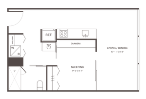Contemporary studio floor plan showcasing open living and dining area, efficient kitchen layout, and cozy sleeping space.
