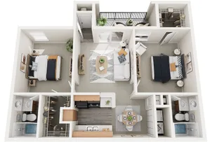 3D floor plan showcasing two bedrooms, two bathrooms, and a cozy living area with adjacent dining and kitchen space, featuring balcony access and stylish interiors.