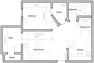 Inviting floor plan showcasing a spacious 1-bedroom, open living room, cozy kitchen, and charming patio.