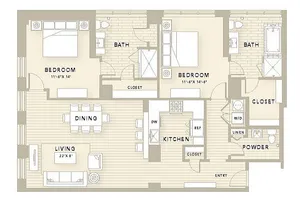 Luxurious B4 floor plan with 2 spacious bedrooms, 2.5 elegant baths, and an open living-dining area, totaling 1,560 sq ft. Features include a modern kitchen, convenient closets, and a cozy powder room.