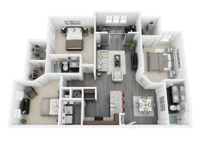 Modern 3D apartment floor plan showcasing 3 bedrooms with walk-in closets, a spacious open living and dining area, a sleek kitchen with an island, and two elegant bathrooms.