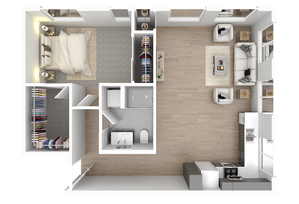 Modern 3D floor plan showcasing a cozy bedroom, spacious living area, and sleek open kitchen with abundant natural light.