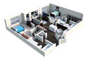 Modern 3D floor plan with two bedrooms, spacious living area, and a sleek open kitchen design.