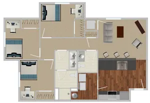 Modern 3-bedroom apartment floor plan with a spacious living area, open kitchen with island, and dual bathroom access.