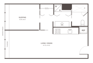 Modern studio floor plan showcasing an open living and dining area, efficient kitchen, and sleek sleeping space with natural light.