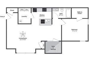 Modern floor plan showcasing a spacious one-bedroom apartment with a walk-in closet, open-concept living room, stylish kitchen, convenient laundry area, and a private patio or balcony.