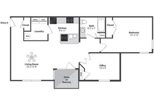 Modern floor plan featuring a spacious living room, fully-equipped kitchen, cozy bedroom, home office, and inviting patio. Includes a convenient laundry area and well-appointed bath.