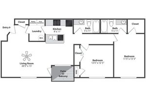 Contemporary floor plan with 2 bedrooms, 2 bathrooms, spacious living room, and kitchen, featuring a cozy patio or balcony.