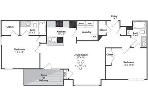 Spacious floor plan featuring 2 bedrooms, large living room, modern kitchen, 2 baths, and patio or balcony.