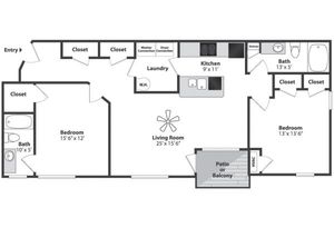 Modern floor plan showcasing 2 spacious bedrooms, a welcoming living room, gourmet kitchen, and a patio or balcony.