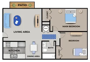 Floor plan of a two-bedroom, one-bath apartment at English Village in Springfield, Missouri, showing a living area with patio access on the left, an adjacent dining area and kitchen with full-size appliances below, a full bathroom off the central hallway, a main bedroom with closet at upper right, a second bedroom below it, and a stacked washer/dryer closet near the bathroom.