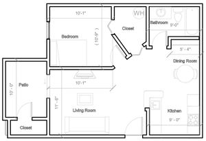 Charming floor plan featuring 1 bedroom, open living and dining area, modern kitchen, and inviting patio space.