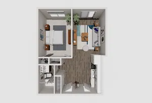 Chic and modern 1-bedroom apartment floor plan with an open-concept living room and stylish kitchen, featuring elegant wood flooring and cozy bedroom design.