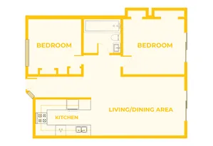 Two-bedroom, one-bath apartment floor plan featuring a large open living and dining area, a kitchen with stove, sink, and refrigerator, and two separate bedrooms positioned on opposite sides of the layout. The bathroom is centrally located between the bedrooms and includes a bathtub, toilet, and sink. The living and dining area and one bedroom each feature sliding glass doors that open to a private patio, with additional exterior windows providing natural light.