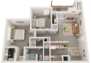 Two Bedrooms | One Bathroom | 850 sqft | Full-Size Washer/Dryer Connections | Patio/Balcony w/Storage | Walk-in Closet in Primary Bedroom | Built-in Bookshelves | Fireplace in select units