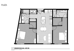 Modern floor plan of Unit 206, showcasing 2 bedrooms, an open-concept living and dining area, sleek kitchen, and 2 bathrooms in the Plaza apartment.