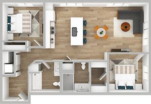 3D Floor Plan Rendering of a Two-Bedroom, Two-Bathroom Apartment with Furniture.