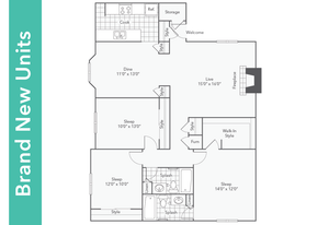 Modern floor plan showcasing brand new units with 3 spacious bedrooms, a cozy living room with a fireplace, open dining area, and well-equipped kitchen. Includes 2 bathrooms and ample storage space.