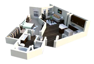 Chic 3D floor plan showcasing a stylish one-bedroom apartment with a cozy living room, modern kitchen, and elegant bathroom.
