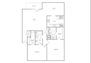 Champion Oak | 2 bed 2 bath | 1250 sq ft | Floor Plan map for a two bedroom unit at our apartments for rent in  Nashville, TN, featuring labeled rooms with dimensions.