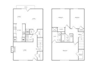 Pin Oak | 3 bed 2 bath | 1477 sq ft. | Floor Plan map for a three bedroom unit at our apartments for rent in  Nashville, TN, featuring labeled rooms with dimensions.