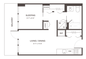 Modern studio floor plan with a spacious living and dining area, sleeping space, and a private balcony.