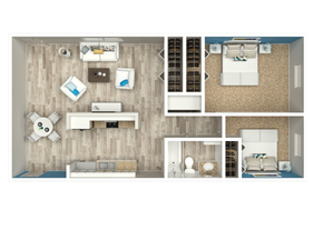 Elegant 2D floor plan showcasing a modern apartment with two cozy bedrooms, stylish living area, well-appointed kitchen, and a chic dining space.