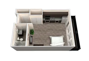 Modern studio apartment floor plan with open kitchen, cozy bedroom space, and elegant bathroom.
