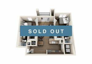 Modern 3D floor plan of a two-bedroom apartment with a stylish open kitchen, cozy living area, and two bathrooms, labeled as sold out.