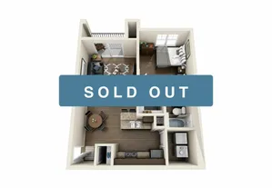 Modern 3D floor plan showcasing a cozy 1-bedroom apartment with an open living area, elegant kitchen, and balcony, marked as sold out.