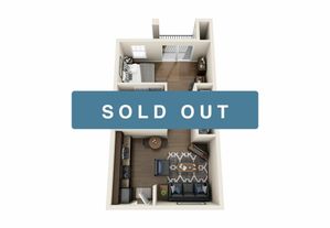 Modern 3D floor plan showcasing a cozy one-bedroom apartment with open-concept living area, stylish kitchen, and private balcony. SOLD OUT overlay enhances exclusivity.