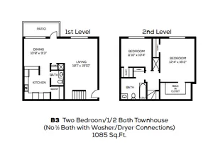 Charming B3 townhouse floor plan with 2 bedrooms, 1 and 1/2 baths, and an open living area. Features include a modern kitchen, dining space, patio, and a walk-in closet. Spacious 1085 sq ft layout ideal for comfortable living.