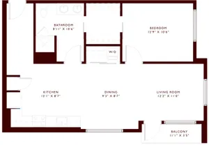 Modern apartment floor plan with 1 bedroom, kitchen, dining area, living room, and balcony.