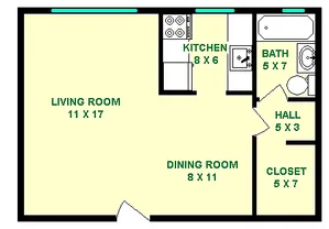 Emerson Floorplan showing roughly 425 Square Feet, A Living Room, Dining Room, and Kitchen are shown in this studio, as well as a hall leading to the bathroom and walk-in Closet