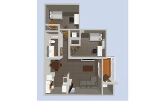 Modern 3D floor plan showcasing 2 cozy bedrooms, elegant living area, and a streamlined kitchen, perfect for urban living.