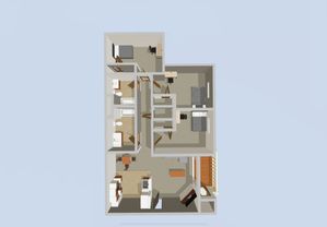 Inviting 3D floor plan showcasing 3 bedrooms, 2 modern bathrooms, and a spacious open-concept living and dining area with stylish kitchen design.