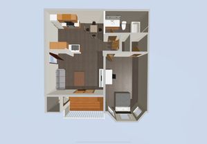 3D floor plan showcasing 1 bedroom, contemporary kitchen, cozy living area, and stylish bathroom with balcony access.