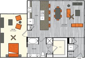 1 bedroom 1 bath apartment with dining area walk in closet and 1116 sq ft