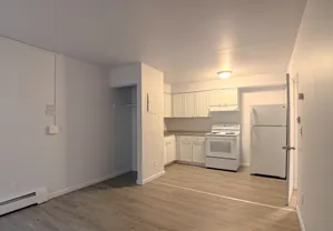 Modern apartment kitchen with sleek white cabinetry, spacious counter space, and integrated appliances.