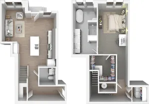 Modern duplex floor plan showcasing a spacious open-concept living room and kitchen on the first floor, with a cozy bedroom, sleek bathroom, and a walk-in closet on the second floor.