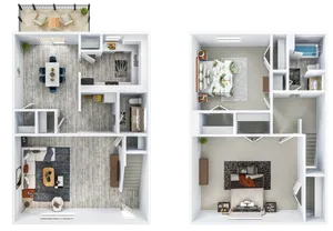 Charming two-story apartment floor plan featuring a spacious living area, modern kitchen, three cozy bedrooms, and a private balcony.