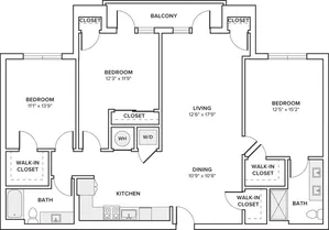 1498 square foot three bedroom two bath apartment floorplan image