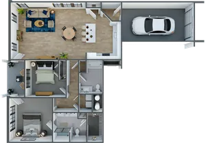 Contemporary 3D floor plan showcasing a spacious open-concept living and dining area, modern kitchen with island seating, two cozy bedrooms, two elegant bathrooms, and a convenient garage.
