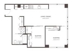 Modern floor plan showcasing 2 spacious sleeping areas, open-concept living/dining space, and efficient kitchen layout with washer/dryer area.