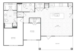 Elegant floor plan showcasing two bedrooms with walk-in closets, spacious living area, modern kitchen with island, two contemporary bathrooms, and large balcony.