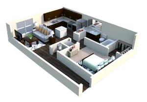 Modern 3D apartment floor plan showcasing an open-concept living space with a cozy bedroom, sleek kitchen, elegant bathroom, and stylish lounge area.