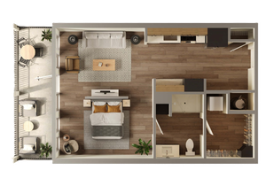 Modern 1-bedroom floor plan with open-concept living area, sleek kitchen, and private balcony.