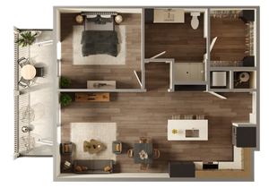 Modern 1-bedroom apartment floor plan showcasing an open-concept kitchen and living area, luxury bathroom, and a cozy balcony with outdoor seating.