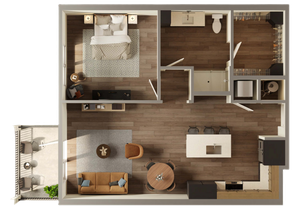 Chic apartment floor plan showcasing a spacious bedroom, stylish kitchen with island seating, modern living area, and private balcony.